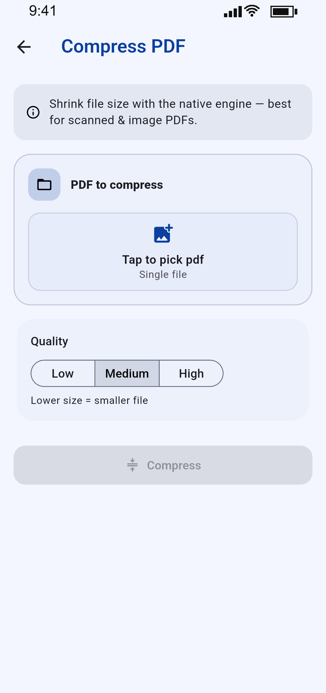 Compress PDF screen with Low, Medium and High quality options
