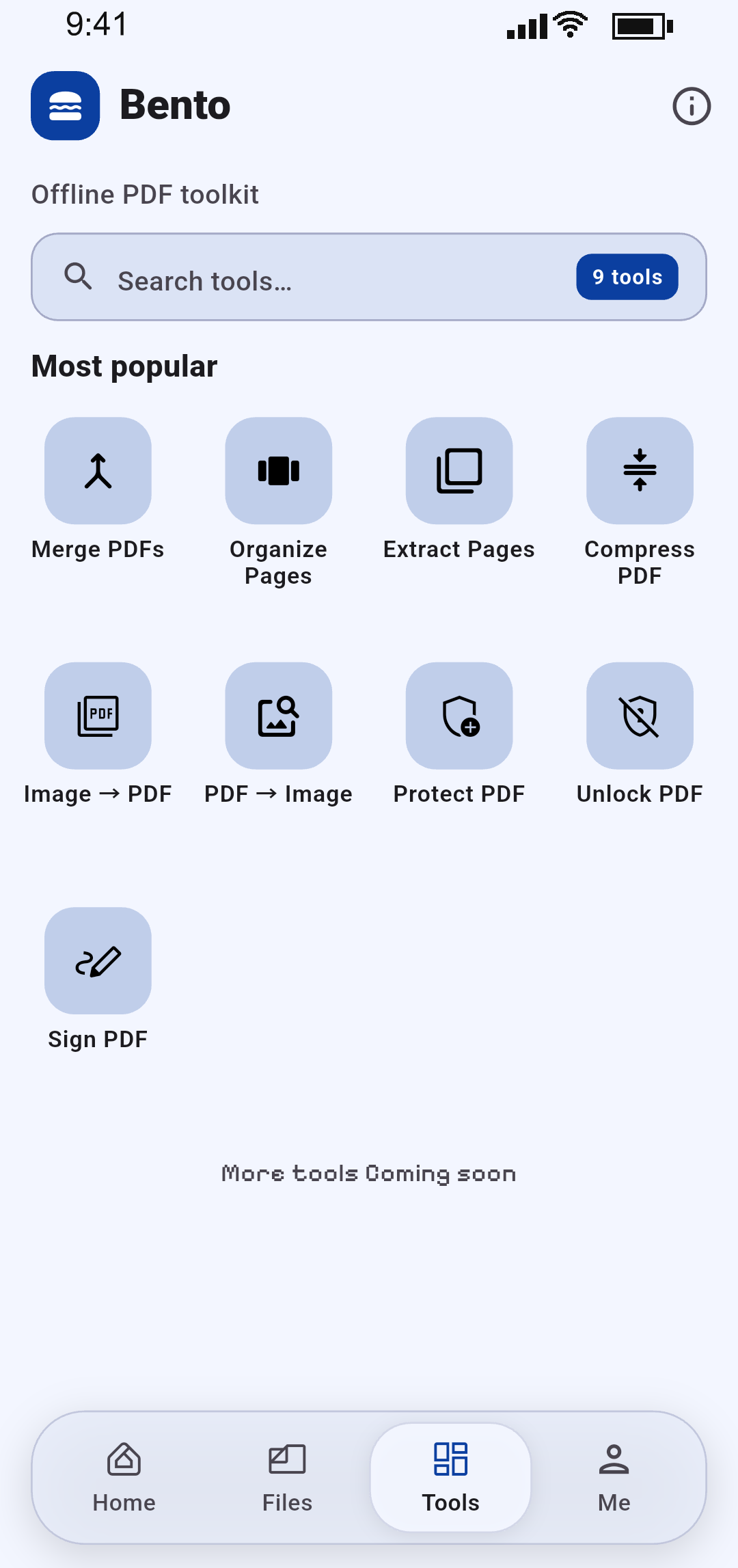 Bento app Tools tab showing all nine PDF tools