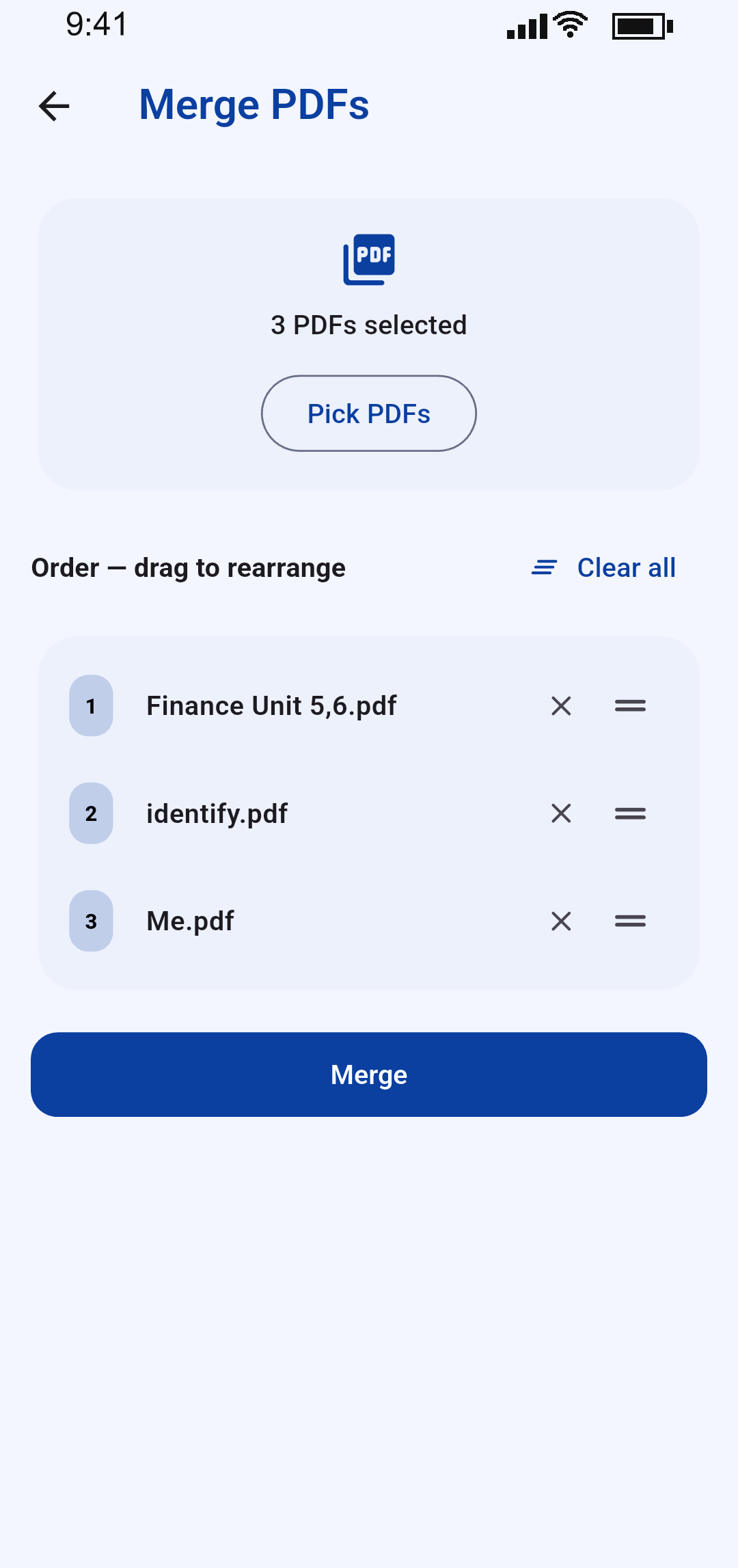 Merge PDFs screen with three files queued in a drag-to-reorder list