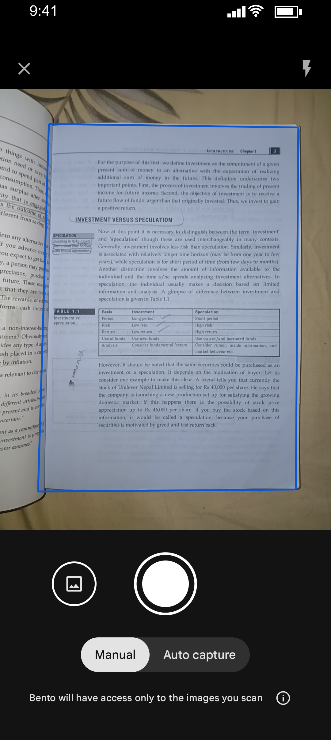 Bento document scanner capturing a textbook page with automatic edge detection overlay