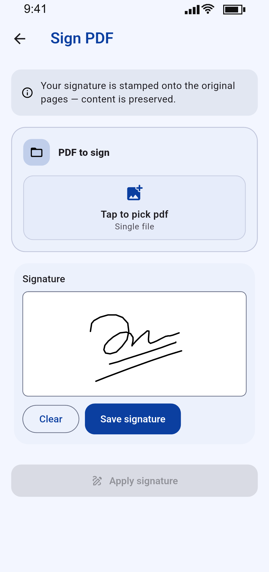 Sign PDF screen with a freshly drawn signature ready to save